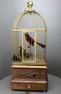 Antique double singing birds-in-cage with hungry chicks in nest, by Bontems