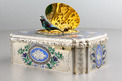 Antique silver-gilt, tri-tone enamel and pictorial enamel singing bird box, by Jacques Bruguier