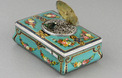 Antique silver and finely painted sarcophagus-form wooden singing bird box, by Juvenia