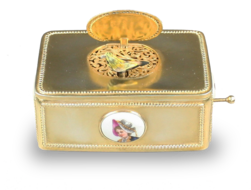 Silver-gilt and painted porcelain-bossed singing bird box, by B. F. of Germany
