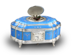 Sterling silver and full guilloche enamel singing bird box with timepiece