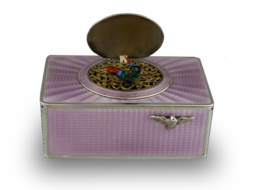 Silver and full lilac radial guilloche enamel singing bird box