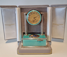 Vintage silver-gilt, guilloche turquoise enamel and pictorial enamel timepiece alarm-actuated singing bird box, by C. A. Marguerat