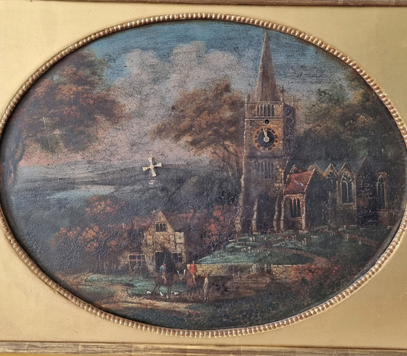 Automaton Picture clock in square frame with oval aperture and windmill