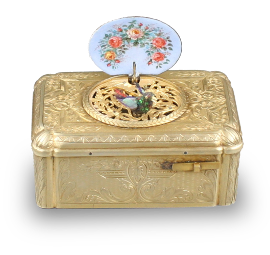 Antique Gilt metal and pictorial enamel Singing Bird Box, by Bontems