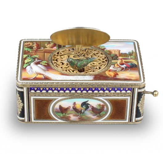 Silver-gilt and pictorial enamel singing bird box, by Karl Griesbaum