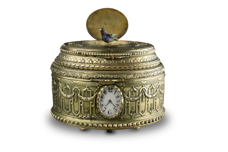 A sublime singing bird, musical box and timepiece pictorial enamel and gilt bronze box, by C. H. Marguerat