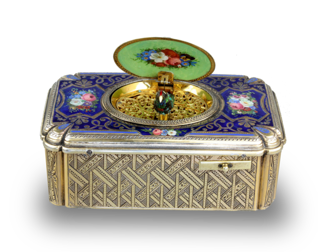 Antique silver-gilt and enamel singing bird box, by Charles Bruguier