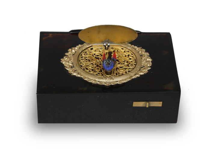 An antique tortoiseshell, silver and gilt metal singing bird box, by Raymy