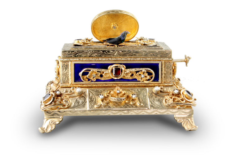 Silver-gilt, enamel, garnet and split-seed pearl mounted singing bird box, by Karl Griesbaum