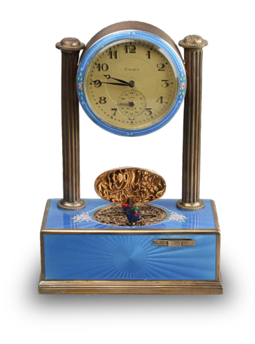 Vintage silver-gilt, guilloche and pictorial enamel timepiece alarm-actuated singing bird, by C. H. Marguerat