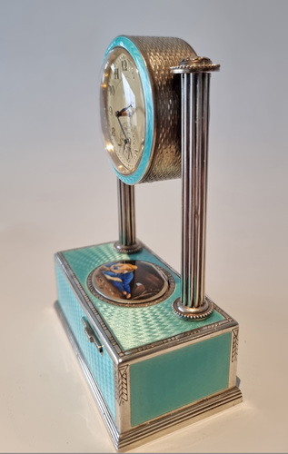 Vintage silver-gilt, guilloche turquoise enamel and pictorial enamel timepiece alarm-actuated singing bird box, by C. A. Marguerat