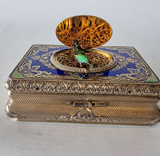 Stunning silver gilt and enamel fusee singing bird box by Jacques Bruguier 