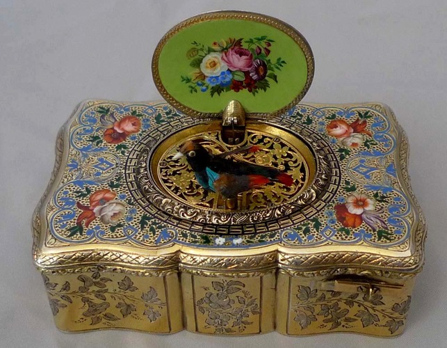 Antique Charles Bruguier singing bird box, fusee movement, silver gilt and enamel case