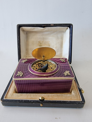 Silver and purple radial Guilloche enamel Singing Bird box