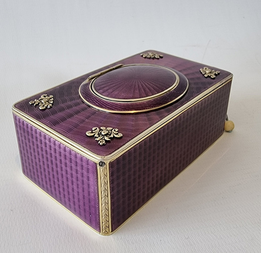 Silver and purple radial Guilloche enamel Singing Bird box