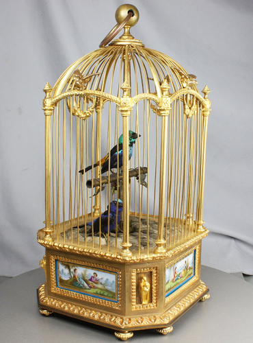 Museum-standard ormolu-bronze and Sevres-plaques double singing birds-in-cage, by Bontems
