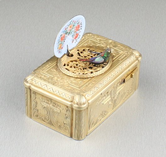 Antique Gilt metal and pictorial enamel Singing Bird Box, by Bontems
