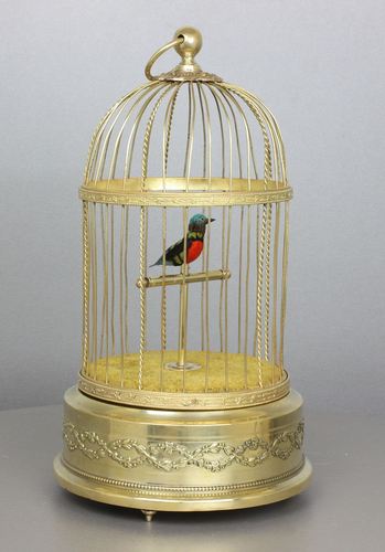 Vintage circular single singing bird-in-cage, by Bontems