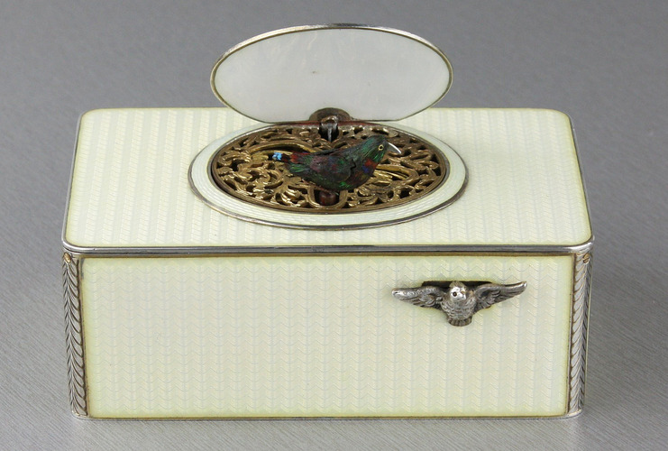  Silver and full cream guilloche enamel singing bird box