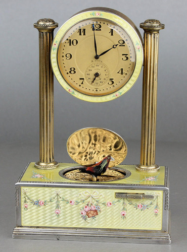 Vintage silver-gilt, guilloche yellow enamel and pictorial enamel timepiece alarm-actuated singing bird box, by C. H. Marguerat