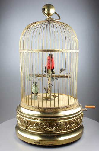Large antique double singing birds-in-cage, by Bontems