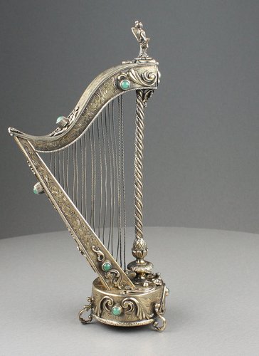 Antique Silver-gilt and mottled green agate mounted musical harp