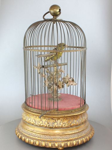 Antique large single singing bird-in-cage, by Jean Phalibois