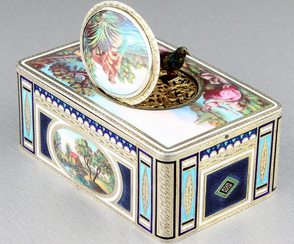 Silver and enamel Singing Bird Box by Karl Griesbaum 
