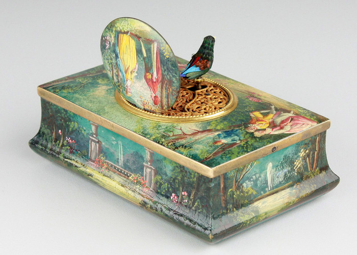 Antique silver gilt and finely painted sarcophagus-form wooden singing bird box, by E. Flajoulot