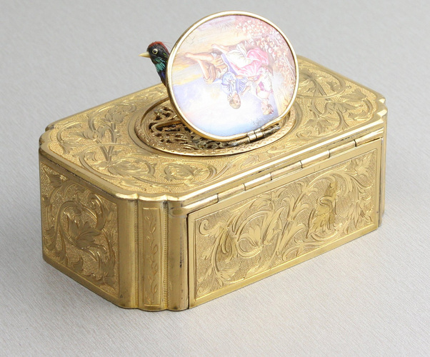 Antique gilt metal and pictorial enamel singing bird box, by John Manger