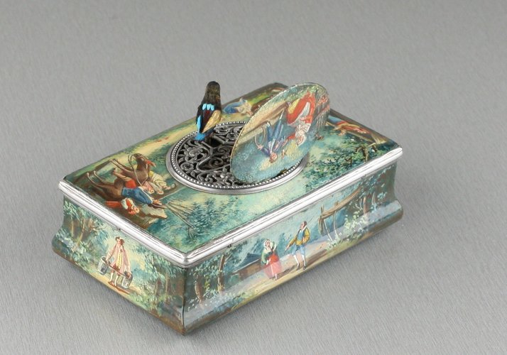 Finely painted antique sarcophagus-form wooden singing bird box, by Juvenia