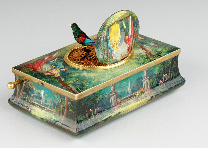 Antique silver gilt and finely painted sarcophagus-form wooden singing bird box, by E. Flajoulot