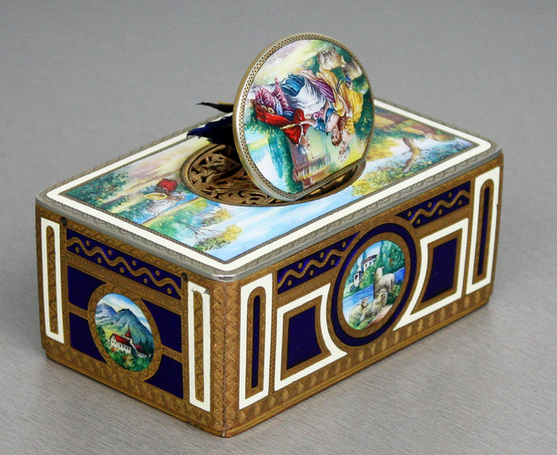 vintage gilt metal and full pictorial enamel singing bird box, by Karl Griesbaum