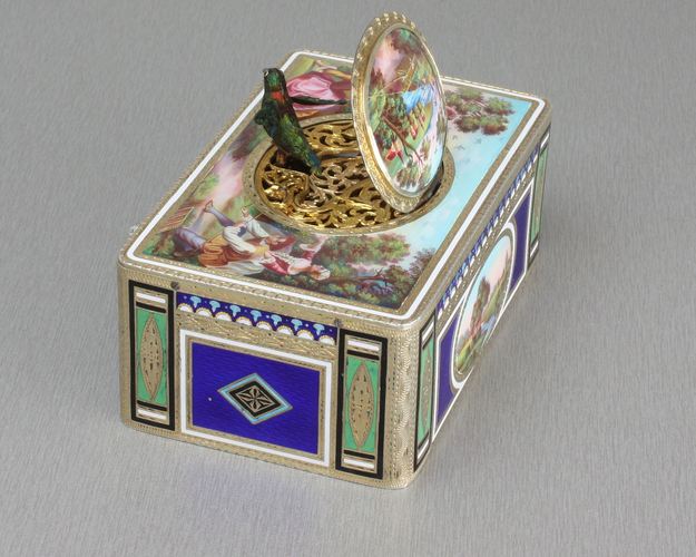 Antique silver-gilt and full painted enamel singing bird box, by Karl Griesbaum,