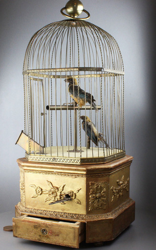 Antique coin-operated large double singing birds-in-cage, by Bontems