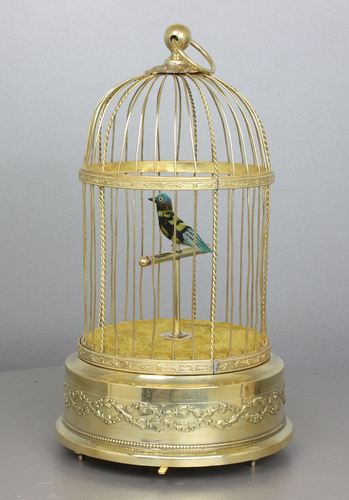 Vintage circular single singing bird-in-cage, by Bontems