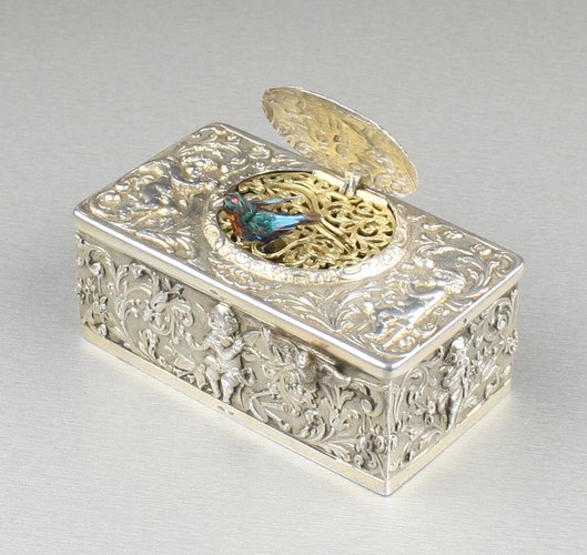 Narrow-proportioned silver singing bird box