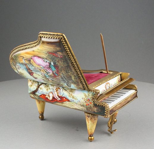 Antique gilt metal and pictorial enamel grand piano-form Musical Box
