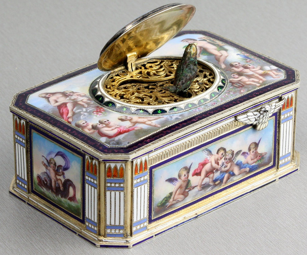 Vintage silver and full pictorial enamel singing bird box, by Karl Griesbaum