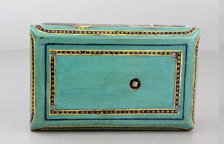 Antique silver and finely painted sarcophagus-form wooden singing bird box, by Juvenia