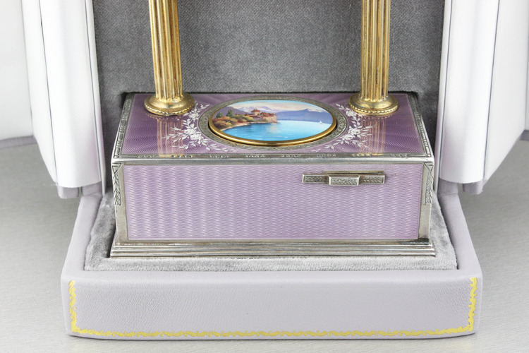 Vintage silver-gilt, guilloche lilac enamel and pictorial enamel timepiece alarm-actuated singing bird box, by C. H. Marguerat
