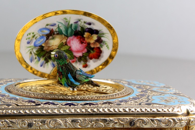 Antique tooled silver-gilt, enamel and pictorial enamel singing bird box, by Jacques Bruguier