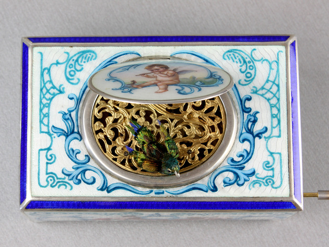 A superb silver and full guilloche painted enamel singing bird box, circa 1925
