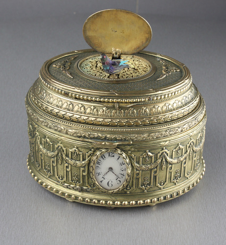 A sublime singing bird, musical box and timepiece pictorial enamel and gilt bronze box, by C. H. Marguerat