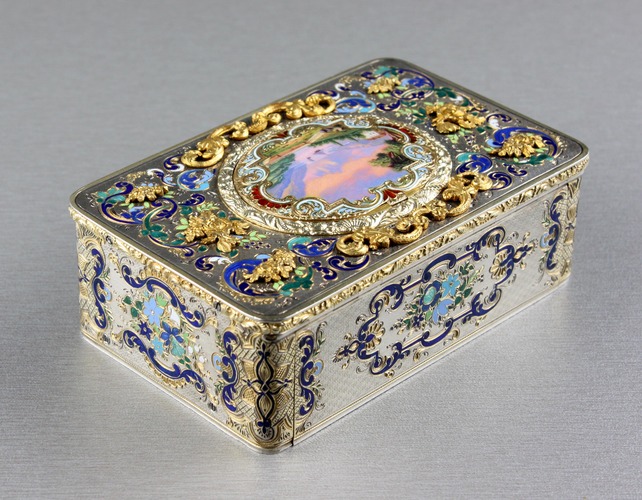 Silver-gilt, gold, enamel and pictorial enamel Fusee singing bird box, by Charles Bruguier