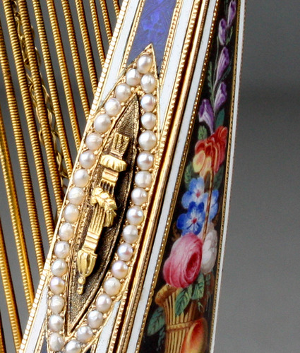 Gold, diamond, enamel and split seed pearl musical harp, by Bessiere & Schneider