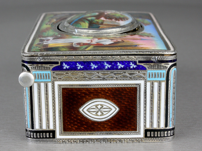 An exceptional silver and full pictorial enamel singing bird box, by Karl Griesbaum, Model 7, circa 1930