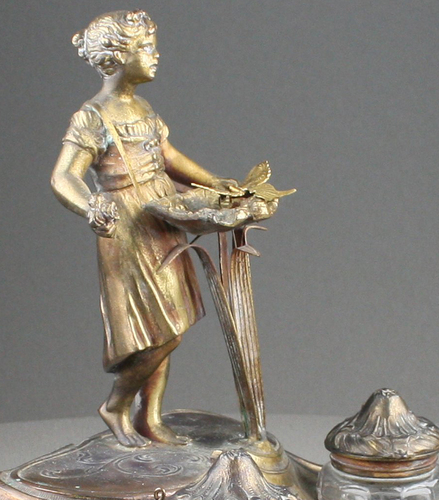 Gilt bronze antique musical automaton inkwell