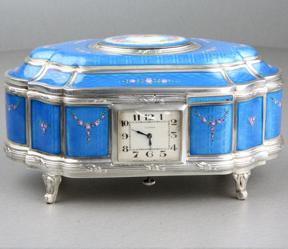 Sterling silver and full guilloche enamel singing bird box with timepiece